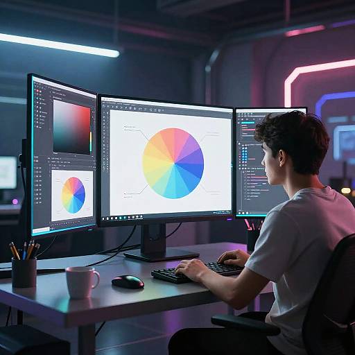 Photograph of a young man in a white t-shirt, seated at a modern desk, working on three illuminated computer monitors displaying colorful graphic designs, in