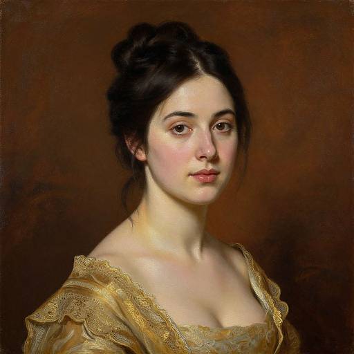 Digital painting of a young woman with fair skin, dark hair in a bun, brown eyes, wearing a gold, lace-trimmed dress, against