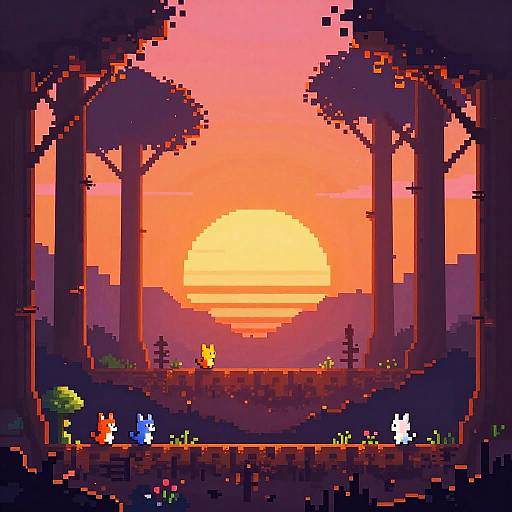 Mystical Pixel Art Sunset Forest