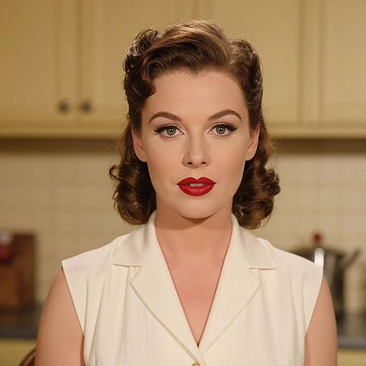 Photograph of a fair-skinned woman with vintage 1940s-style brown curled hair, wearing a white sleeveless blouse and bold red lipstick,
