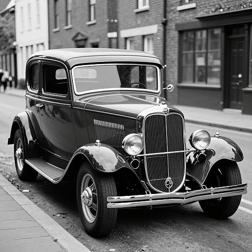 Black-and-white photograph of a classic vintage car with a shiny, curved grille and round headlights parked on a cobblestone street.
