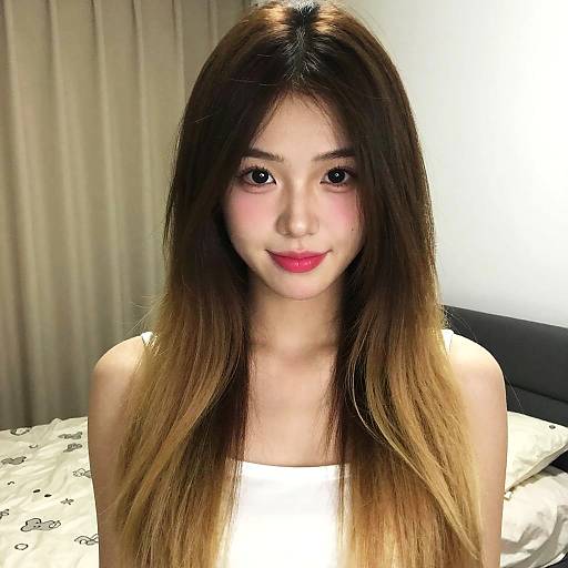 Photograph of an Asian woman with long, straight, brown-to-blonde ombre hair, wearing a white sleeveless top, smiling with