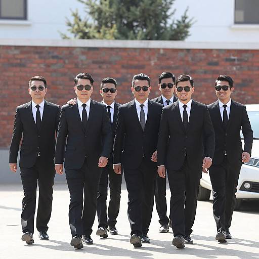 Group of Men in Black Suits Walking Confidently