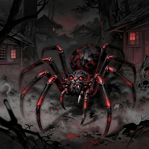 Digital horror artwork of a menacing, red and black spider with glowing eyes in a dark, foggy Japanese village at night.