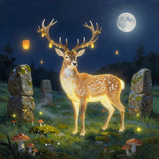 Lantern-Braided Stag on Moonlit Moor