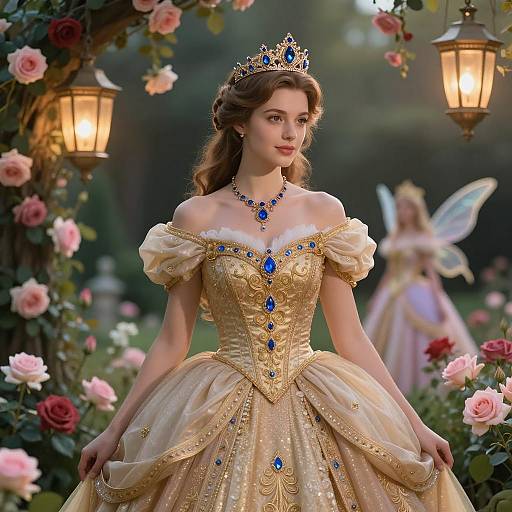 Regal Princess in Gold Gown in Enchanted Garden