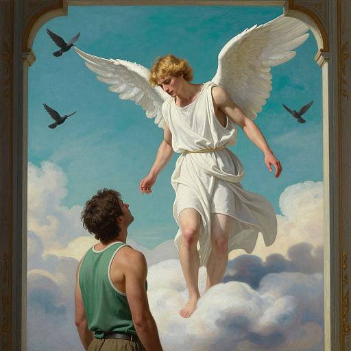 Digital painting of a blond angel with white wings descending, gazing at a muscular man in a green tank top, amidst clouds and black birds, framed