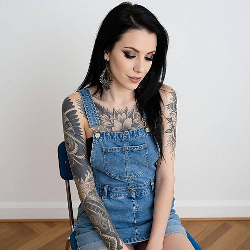 Photograph of a tattooed woman with long black hair, wearing a blue denim overall dress, sitting on a blue chair against a white wall, wooden
