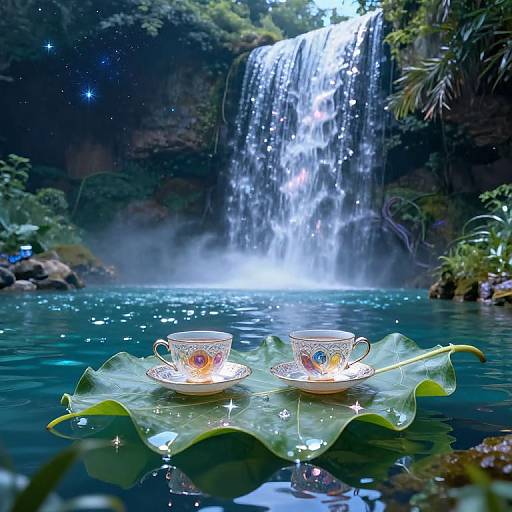 Photograph of two ornate teacups on a floating lotus leaf in a serene jungle waterfall pond, illuminated by sparkling lights.