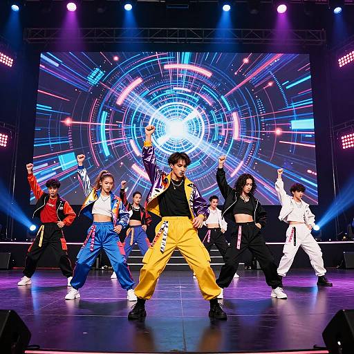 Photograph of diverse dance group performing on vibrant stage with neon circular light backdrop, dressed in colorful, loose-fitting outfits, striking dynamic poses under colorful