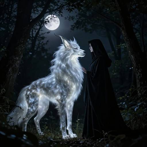 Digital artwork: A glowing, ethereal white wolf with luminescent fur stands under a full moon in a dark forest, facing a cloaked figure