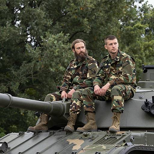 Two Soldiers Sitting on Tank in Camouflage Uniforms