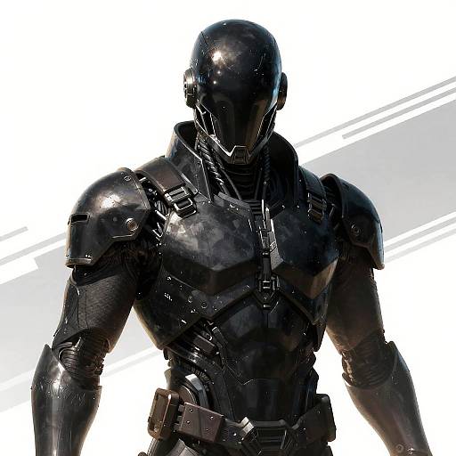 Digital artwork of a sleek, black, armored superhero with a glossy helmet, muscular build, and futuristic armor, set against a white background with diagonal gray
