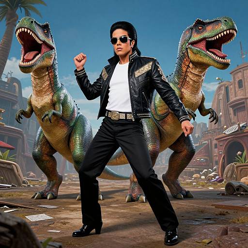 Photorealistic CGI: Black-haired man in leather jacket, sunglasses, white shirt, black pants, standing confidently between two roaring, colorful T-Rex