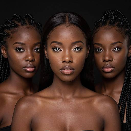 Photograph of three beautiful Black women with dark skin, long braided hair, and glowing complexions, centered against a black background.