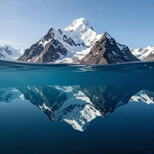 Photograph of a majestic, snow-capped mountain reflected in a calm, blue lake, with clear sky above and waterline dividing the image.