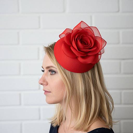 Photograph of a blonde woman in profile, wearing a vibrant red, sheer rose headpiece, against a white brick wall background.