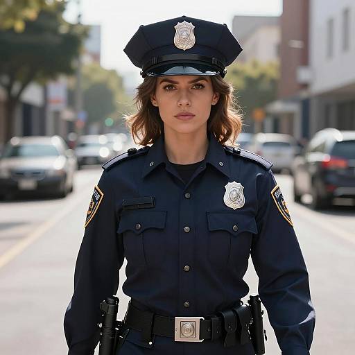 Female Police Officer Standing on Urban Street