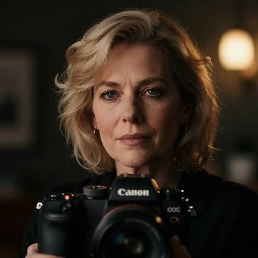 Cinematic Portrait of Blonde Woman with Camera