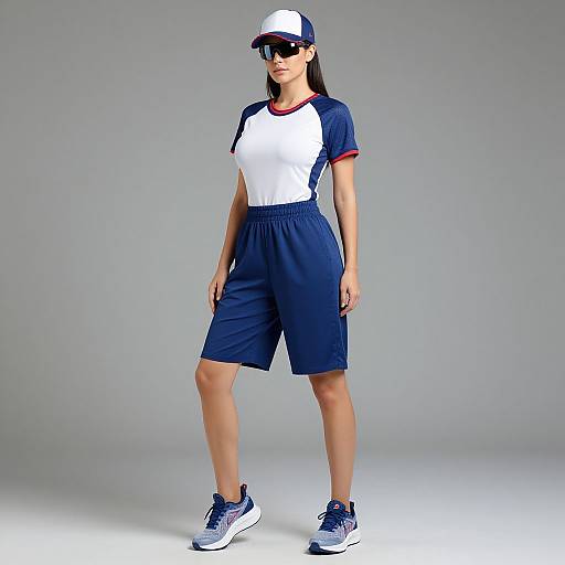 Photograph of a woman in a white and navy baseball shirt, navy shorts, white and navy sneakers, cap, and sunglasses, standing against a gray