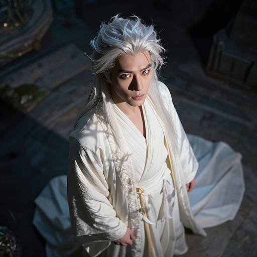 Photograph of a white-haired man with intense gaze, wearing a white, embroidered robe, standing in a dimly lit, rustic wooden room. Sun