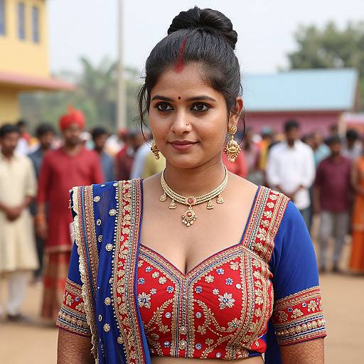 Photograph of an Indian woman with dark hair in an updo, wearing a red and blue embroidered traditional outfit, gold jewelry, and a red bind