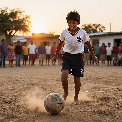 Mexican Kid Playing Soccer at Sunset