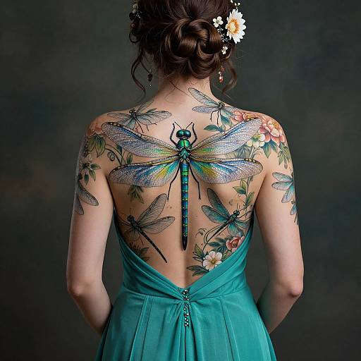 Dragonfly Tattooed Woman in Teal Gown