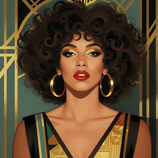 Art Deco Woman with Voluminous Afro and Gold Hoop Earrings
