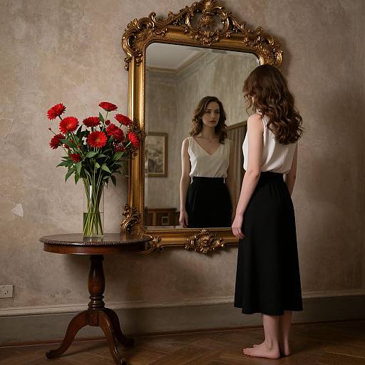 Photograph of a woman with long brown hair, barefoot, wearing a white blouse and black skirt, standing before an ornate gold mirror, reflecting
