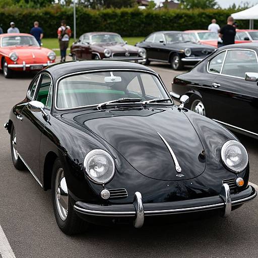 Photograph of a shiny black classic Porsche 911 coupe parked at a car show, surrounded by other vintage cars with people in the background.