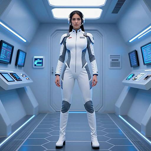 Digital artwork of a serious, dark-haired woman in a white, futuristic spacesuit standing in a high-tech, blue-lit control room.