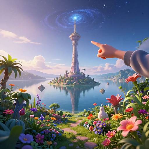 Dreamlike Tower Over Tranquil Lake