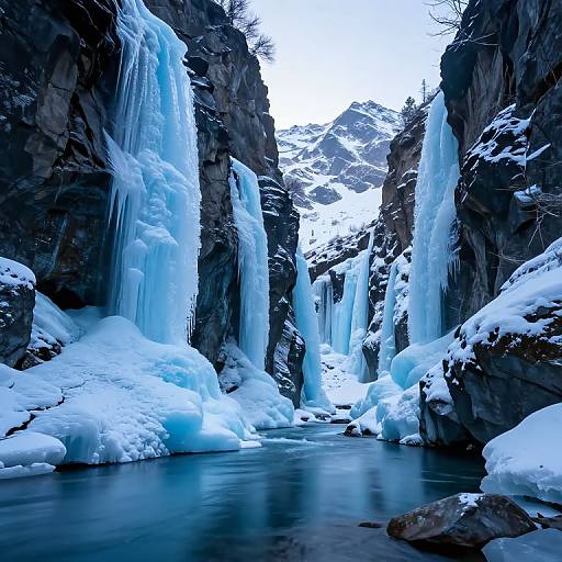 Photograph of a snowy, icy canyon with cascading waterfalls, dark rocky walls, and a reflective, frozen stream. Bright blue ice contrasts with