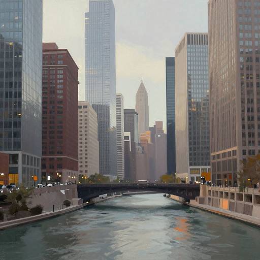 Photograph of a cityscape featuring a river flanked by tall skyscrapers, including the iconic Chrysler Building, under an overcast sky.