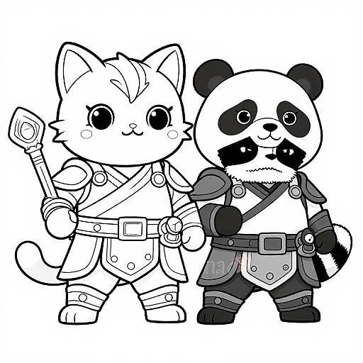 Black-and-white digital drawing of a cute, armored cat and panda standing together, both holding weapons and wearing adventurous outfits.