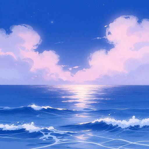 Digital artwork of a vibrant blue ocean with shimmering sunlight, white-capped waves, and fluffy clouds against a deep blue sky.