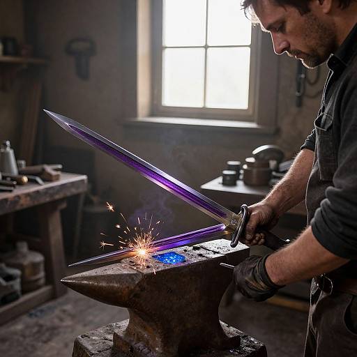 Photograph: Bearded man in black shirt, wearing gloves, sharpens purple sword on anvil, sparks flying, dimly lit workshop, window