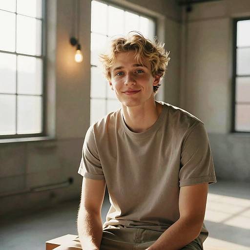 Photograph of a young man with curly blond hair, wearing a light gray t-shirt, sitting in a sunlit industrial room.