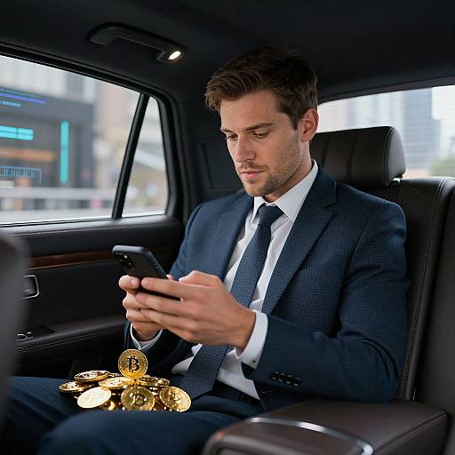 Photograph of a serious, handsome man in a dark suit, white shirt, and tie, sitting in a car, holding a phone, with a