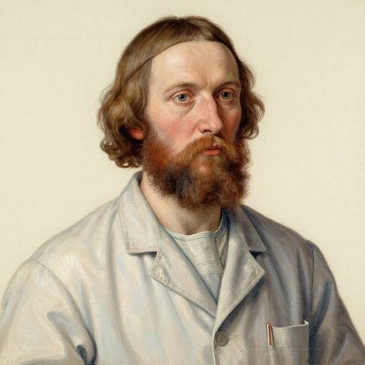 Realistic digital painting of a bearded Caucasian man with wavy brown hair, wearing a light gray lab coat, against a white background.