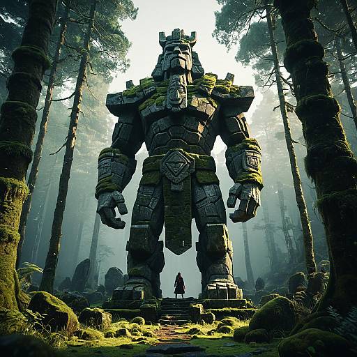Gigantic Ancient Stone Guardian in Mossy Forest