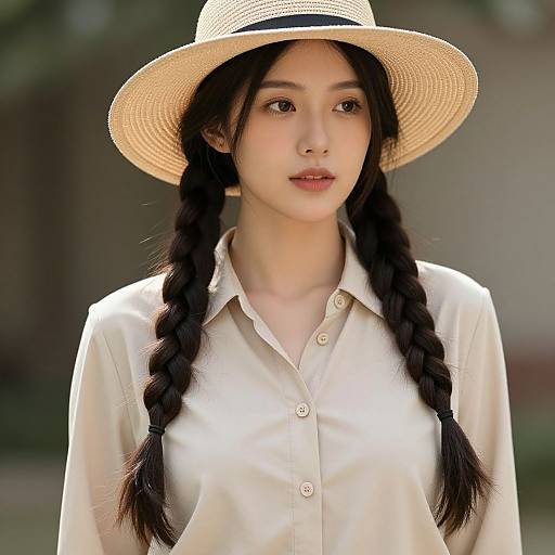 Photograph of an Asian woman with long black hair in braids, wearing a beige straw hat and cream button-up shirt, standing outdoors with a blurred