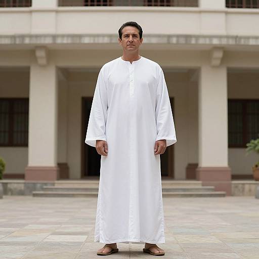 Photograph of a middle-aged man with short black hair, wearing a long white traditional garment, standing in front of a building with columns and barred windows