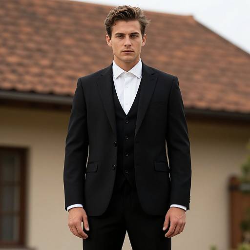 Man in Black Suit by Brown Roof