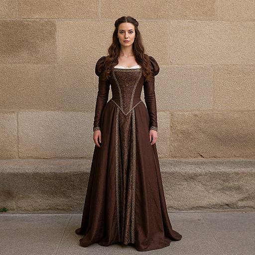 Photograph of a woman with long dark hair in a medieval-style, dark brown, long-sleeved gown with puffed shoulders, standing against a