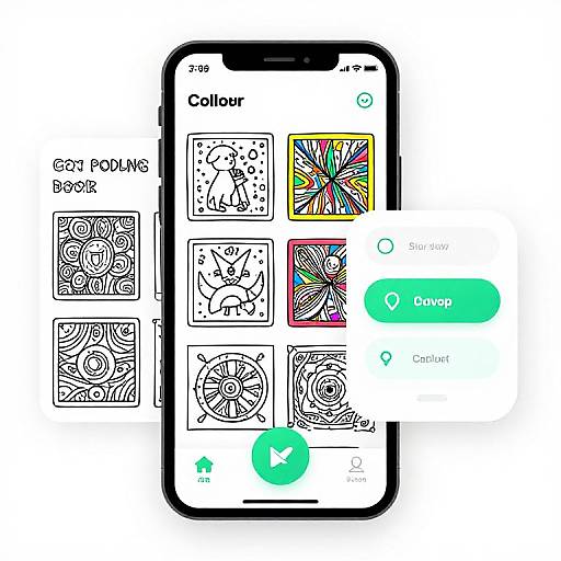 Digital illustration of a smartphone displaying a color picker app with black-and-white sketch thumbnails; highlighted color options in green buttons.