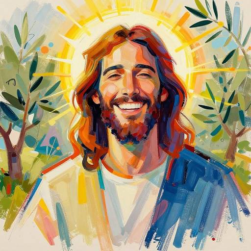 Vibrant digital painting of Jesus with long brown hair, beard, radiant yellow halo, smiling, wearing white robe with blue cloak, surrounded by green