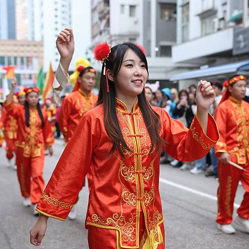Photograph of an Asian woman with long black hair, wearing a red Chinese cheongsam with gold embroidery, performing in a street parade, surrounded by