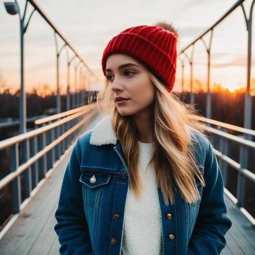 Young Woman in Red Beanie on Bridge at Sunset